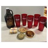 Glass Jug, Plastic Coca-Cola Tumblers, Ashtrays,