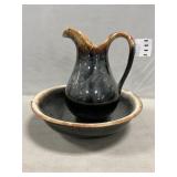 Brown Drip Pottery Pitcher & Bowl