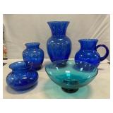 Cobalt Vases & Pitcher, Blue Glass Bowl