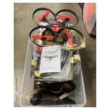 Storage Tote With Red Heron Drone, ice Skates,