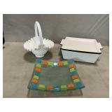 Milk Glass Hobnail Basket, Art Glass Dish,