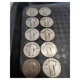 (10) U.S. Silver Standing Liberty Quarters (90%