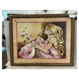 Framed Lady With Flowers Needlepoint (20.5 x
