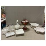 Handpainted Cranberry Pedestal Dish, Milk Glass