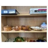 Shelf Lot With Carnival Glass, Pottery, Leather