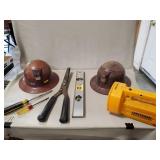 Tray Of Assorted Tools & (2) Vintage Hard Hats