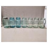 (7) Vintage Blue Tinted Glass Canning Jars