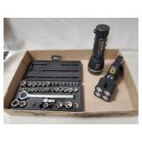 Metric Socket Set (3/8" Drive) & (2) Flashlights