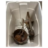 Tote With Vintage Ratchet Jack, Cast Iron Kettle,