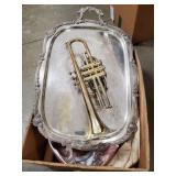 Box Lot Of Assorted Items Including A Trumpet,