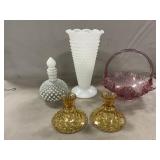 Fenton Cabbage Rose Basket & Hobnail Bottle,