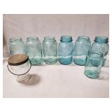 (7) Vintage Blue Tinted Glass Canning Jars & (1)