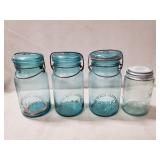 (4) Vintage Blue Tinted Glass Canning Jars