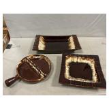 (3) Brown Drip Pottery Ashtrays, (2) Marked