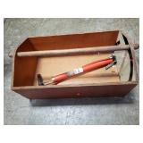 Vintage Wooden Tool Caddy, Manual Hand Air Pump,
