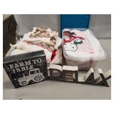 Tray Of Assorted Linen, Tea Towels, (2) Wooden