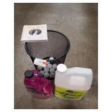 (1) Metal Trash Can, (14) Golf Balls, (1) Book,