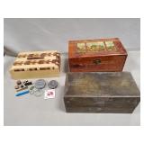 (2) Wooden Jewelry Boxes, (1) Metal Cash Box &