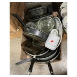 Box Lot With Frying Pans, Glassware, Canister,
