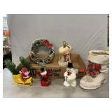 Paper-Mache Boot, Plastic Santa & Snowman,