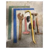 Bucket of Tools: Squares, Pry Bar, Hammers,