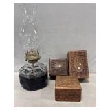 Oil Lamp w/ (3) Carved Wood Boxes