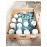 Box Lot Of (18) Blue Tinted Glass Canning Jars &
