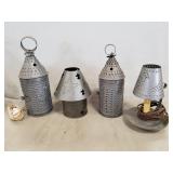 Tray Of Assorted Punched Tin Lamps & Candle
