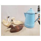(1) Enameled Coffee Pot, (2) Wooden Swans & (1)