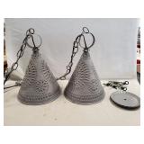 (2) Vintage-Style Punched Tin Cone Pendant Lights