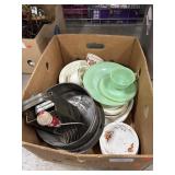 Box Lot w/ Dishes & Vintage Metal Kitchen Items