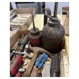 Tray Lot of Oil Cans, Screw Drivers, Hammer &