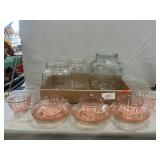Pink Depression Cups/Saucers, (3) Canisters (No