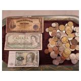 Tray Of Assorted Foreign Coins & Currency