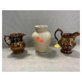 Copper Lustre Creamers, Stoneware Snuff Jar