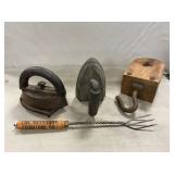 Sad Irons, Wooden Pulley, Advertising Fork