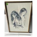 Woman Brushing Hair Pencil Art, Signed "Marcel"