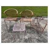 Two wire chairs and three end tables