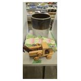 Large 5 gallon crock wooden toy wrecker etc