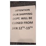 Notice our shipping department will be closed
