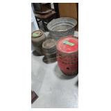 Two wooden kegs and crock with damaged lid