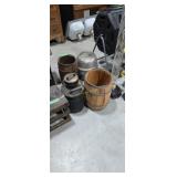 Wooden stool barrel metal kerosene jug fish stand