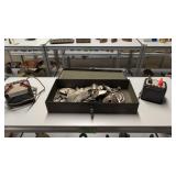 Box of scrap sterling silver and two train