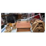 Wooden toy trucks shelf birdhouse animal figures