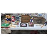 Wooden advertising boxes stuffed animals