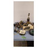 Antique powder horns lamp US army headphones