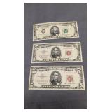 3 $5 notes red seal and Green seal