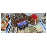 Boy scout books wooden crate fire helmet