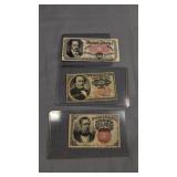 Three fractional currency notes 10 cents, 25