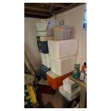 Lot of coolers and cleaning supplies